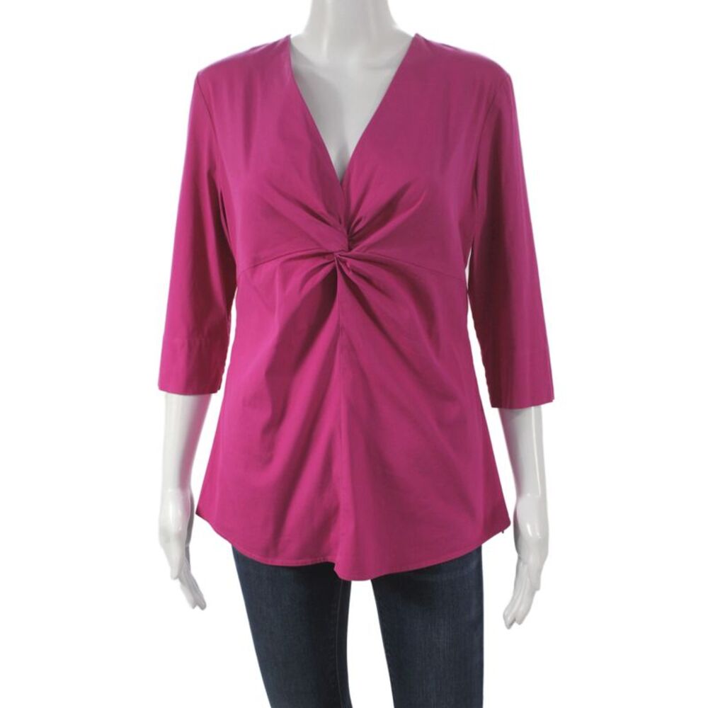 Van Laack Womens Basic V Neck Pink Blouse Zip 3/4 Sleeve Cotton Size 40